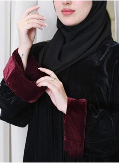 Black velvet cloche abaya with burgundy pattered sleeves - pzsku/ZEFB3C5A95BEC8BB838EFZ/45/_/1732610385/0b956fab-a7f4-49d3-b1a5-a39ac7bba400