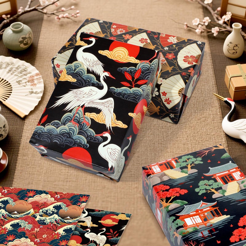 Pineraap Japanese Wrapping Paper 12 Sheets Traditional Japanese Themed Gift Wrap with Sakura, Cranes, Fans, Waves, and Temples Design Gift Packing Paper Anime Gift Wrap for Japan Lovers, 20"Ã—28" - Image 5