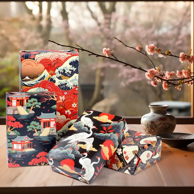 Pineraap Japanese Wrapping Paper 12 Sheets Traditional Japanese Themed Gift Wrap with Sakura, Cranes, Fans, Waves, and Temples Design Gift Packing Paper Anime Gift Wrap for Japan Lovers, 20"Ã—28" - Image 4