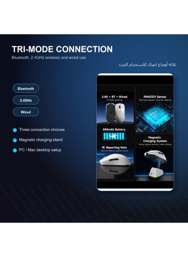 مكعب غاضب ماوس الألعاب اللاسلكي FURYCUBE G13Pro ثلاثي الأوضاع المزود بشاحن مغناطيسي، ماوس خفيف الوزن ومضاد للانزلاق، مستشعر PixArt PAW3311، 22K DPI، BT/2.4Ghz/سلكي، للكمبيوتر الشخصي/MAC (أبيض) - Image 2
