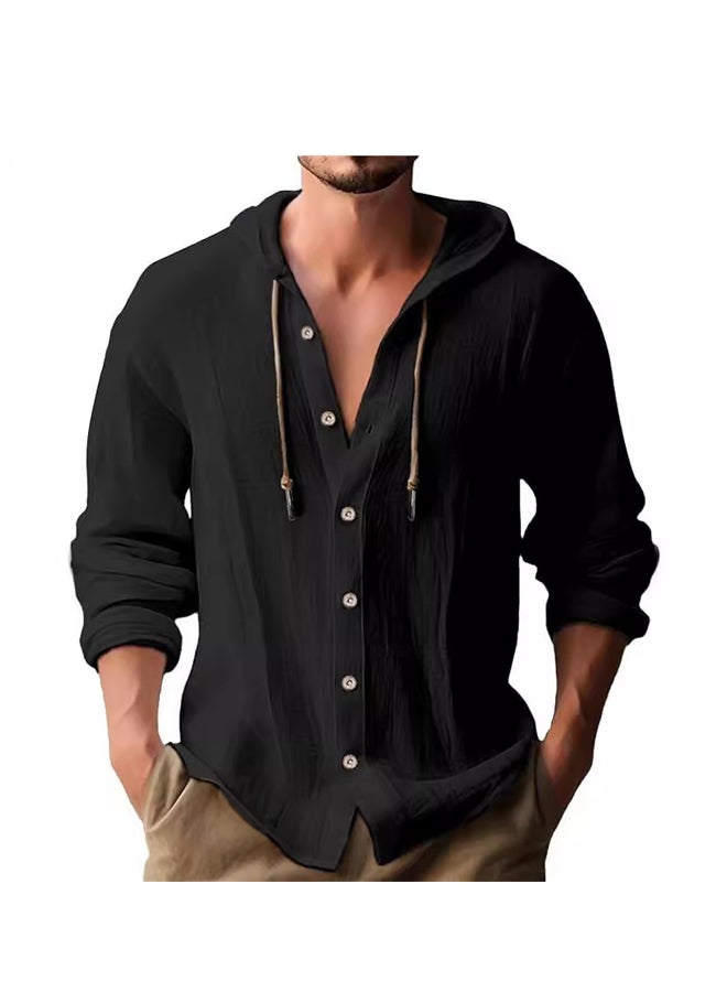 Men's Hooded T-Shirt  Summer Casual Cotton Linen Shirt Long Sleeve Top with Pocket  - Image 1