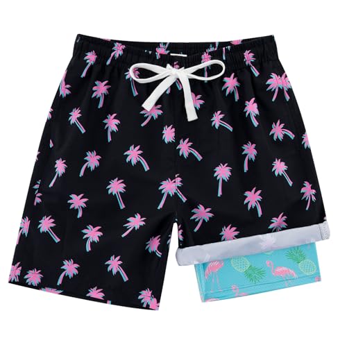 swimsobo Boys Swim Trunks Size 10-12 Swimming Shorts Black Flamingo Palm Tree Compression Liner Beach Boardshorts Swimsuit - Image 1