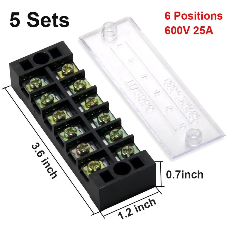 MILAPEAK Terminal Block and Strip - 5pcs 6 Positions 600V 25A Dual Row Screw Terminal Strip with Cover + 10pcs 400V 25A 6 Positions Pre-Insulated Terminal Barrier Jumper Strips Black & Red - Image 2