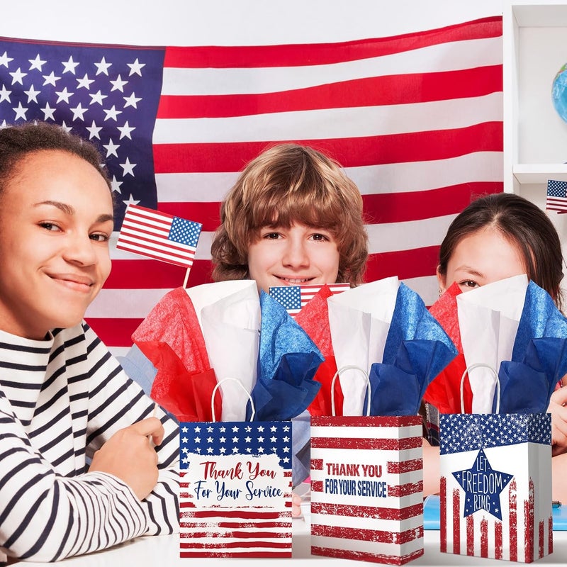 Woanger 24 Pieces Memorial Day Thank You Gift Bags with 24 Tissue Paper Veterans Day Patriotic Red White Blue Bags 4th of July Gift Wrap Bags for Independence Party - Image 5