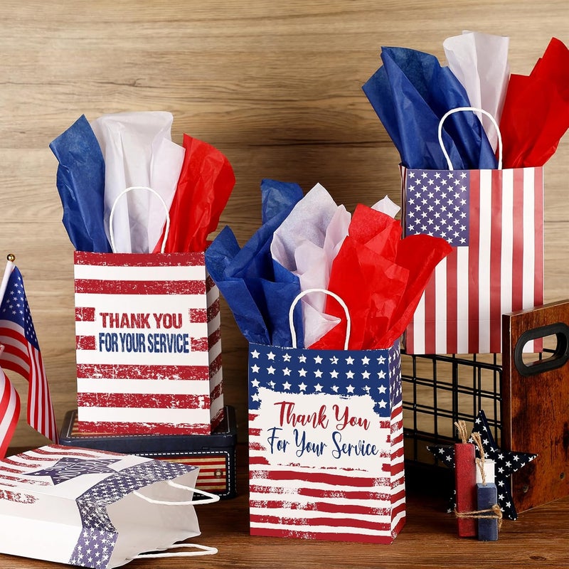 Woanger 24 Pieces Memorial Day Thank You Gift Bags with 24 Tissue Paper Veterans Day Patriotic Red White Blue Bags 4th of July Gift Wrap Bags for Independence Party - Image 2