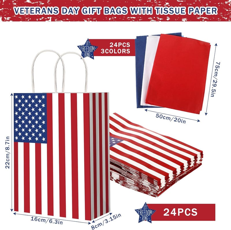 Woanger 24 Pieces Memorial Day Thank You Gift Bags with 24 Tissue Paper Veterans Day Patriotic Red White Blue Bags 4th of July Gift Wrap Bags for Independence Party - Image 3
