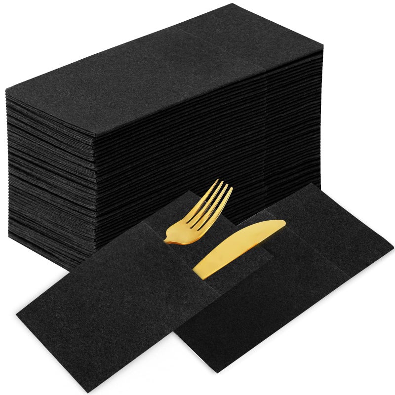 KAMMAK KAMMAK Black Napkins Disposable with Pocket Wedding Decorative Dinner Paper Napkins 100 Pack Linen Feel Prefolded Guest Hand Towels for Party Decoration  Cocktail Reception  Hotel (16.5 x 16.5 inch) - Image 1