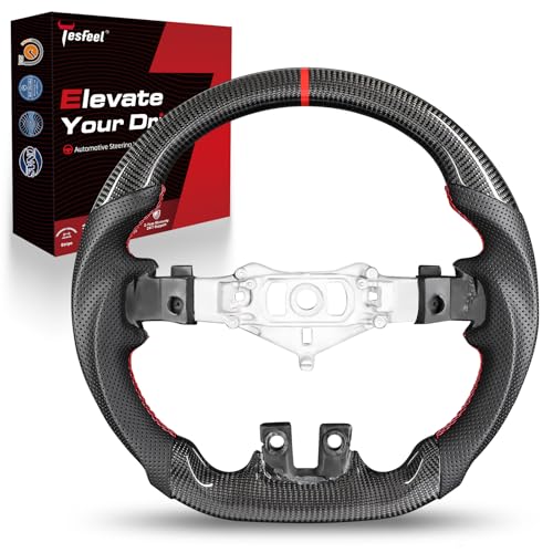 Tesfeel 3K Carbon Fiber Steering Wheel for Dodge Challenger/Charger/Durango 2011–2014, D-Shape Flat-Bottom Design with Perforated Leather Grip, Red Stitching, Performance-Inspired Interior Upgrade - Image 1