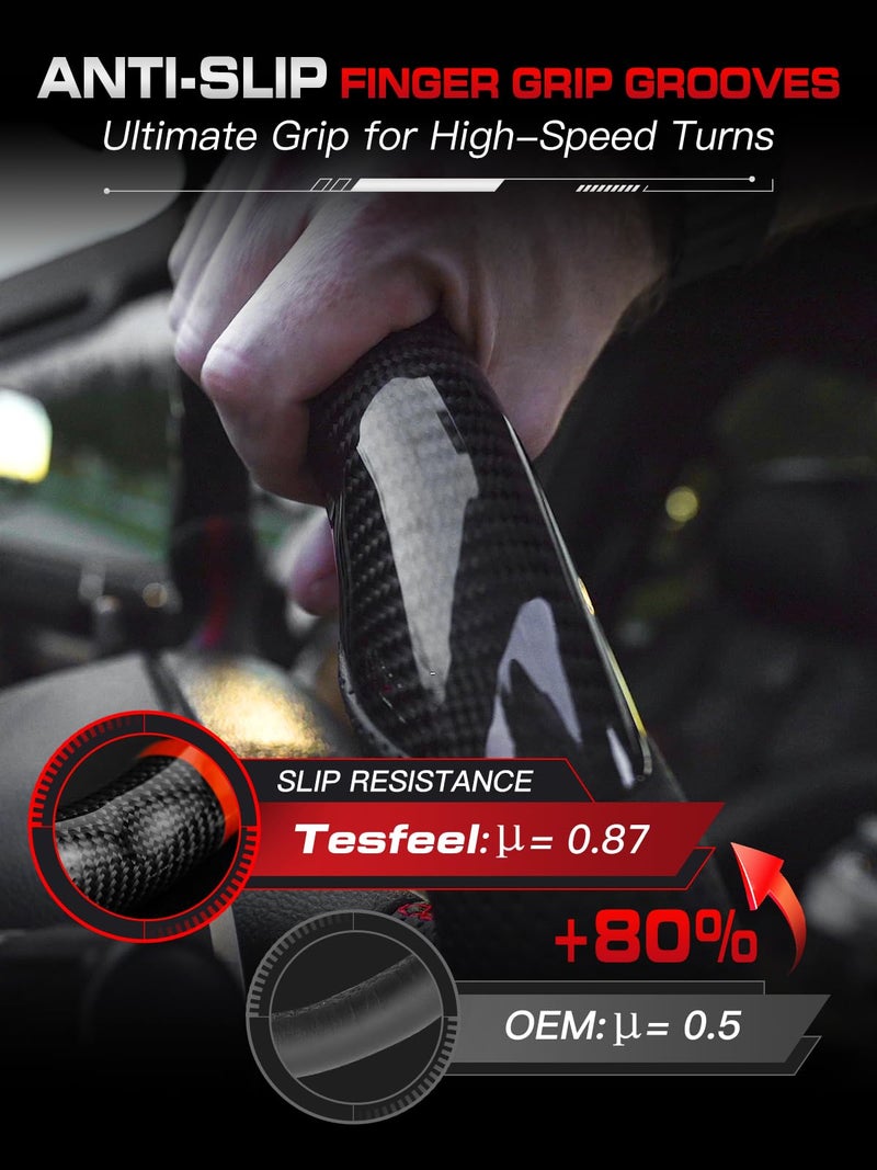 Tesfeel 3K Carbon Fiber Steering Wheel for Dodge Challenger/Charger/Durango 2011–2014, D-Shape Flat-Bottom Design with Perforated Leather Grip, Red Stitching, Performance-Inspired Interior Upgrade - Image 4