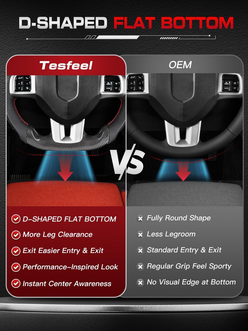 Tesfeel 3K Carbon Fiber Steering Wheel for Dodge Challenger/Charger/Durango 2011–2014, D-Shape Flat-Bottom Design with Perforated Leather Grip, Red Stitching, Performance-Inspired Interior Upgrade - Image 5