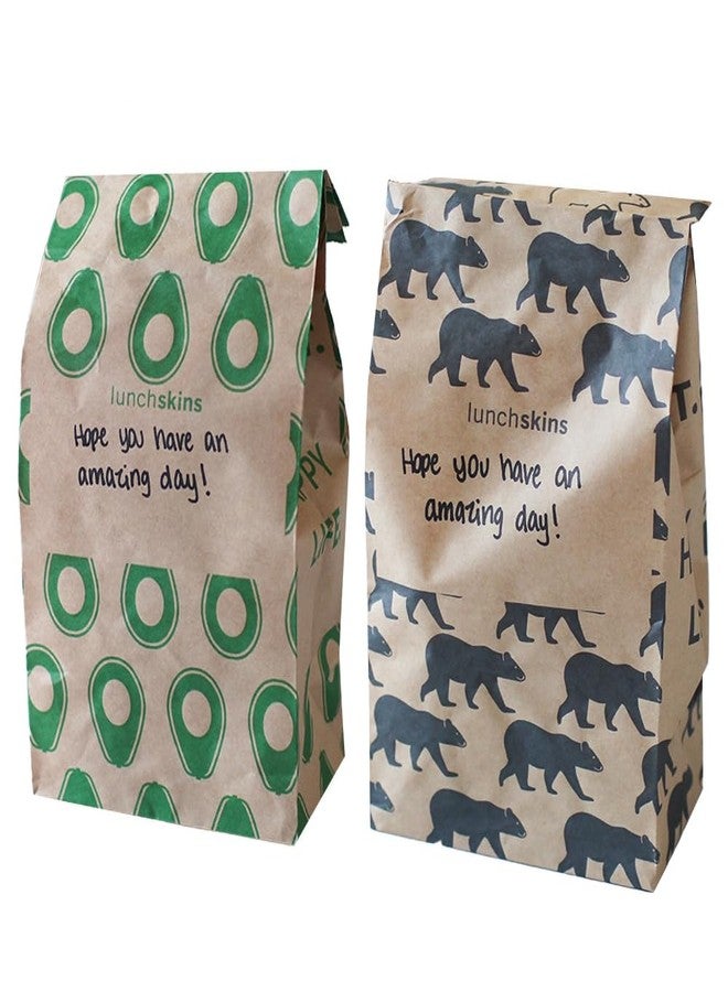 Lunchskins Recyclable Paper Lunch Bags, 5 1/8 x 10 1/2 Inches, Brown Paper Sacs With Note Area, Kraft Paper Bags 25 Avocado Print Bags and 25 Bear Print Variety Pack, 50 Bags - Image 1