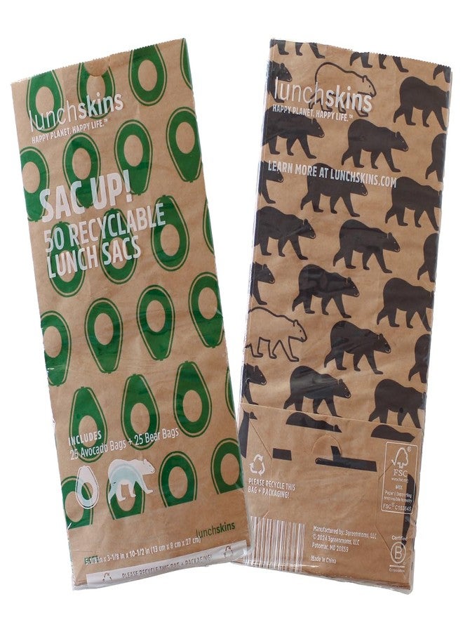Lunchskins Recyclable Paper Lunch Bags, 5 1/8 x 10 1/2 Inches, Brown Paper Sacs With Note Area, Kraft Paper Bags 25 Avocado Print Bags and 25 Bear Print Variety Pack, 50 Bags - Image 2