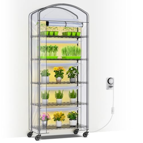 Abimars 5-Tier Greenhouse with Grow Light, Shelf Height Adjustable Metal Plant Shelf with PVC Cover and Wheels, Includes 5-Pack 2900K Full Spectrum Plant Lights, 13x29x73inch - Image 1
