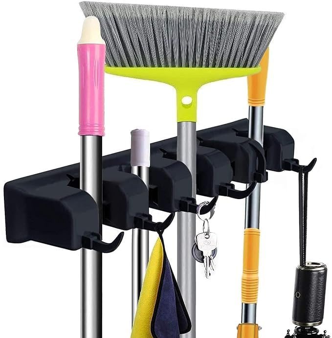 DAOME Mop And Broom Holder Wall Mount Heavy Duty Broom Holder Wall Mounted Or Tool Organizer For Home Garden Garage And Storage 5 Positions With 6 Hooks BlackPlastic Bracket Shelf