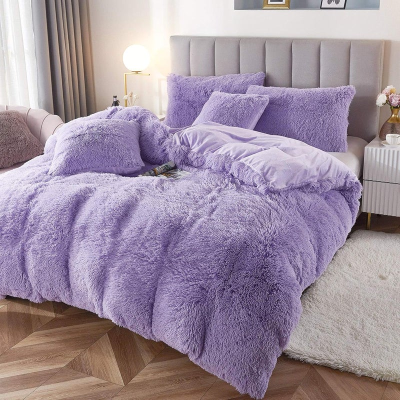 Uhamho Faux Fur Velvet Fluffy Bedding Duvet Cover Set Down Comforter Quilt Cover with Pillow Sham, Ultra Soft Warm (Lilac, Twin) - Image 2