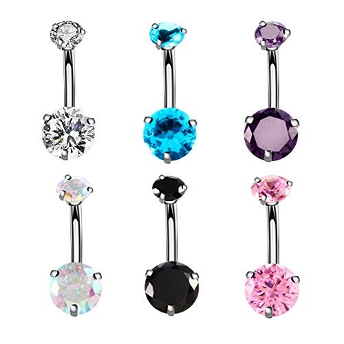 YHMM 14G Surgical Steel Belly Button Rings, Internally Threaded 12mm Long Round CZ Navel Barbell Stud for Women Men (6 Pcs 6 Colors) - Image 3