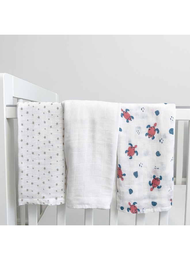 Kinder Valley Muslin Blanket Set - Pack Of 3 - Sea Turtle and Plain and Star - Image 4