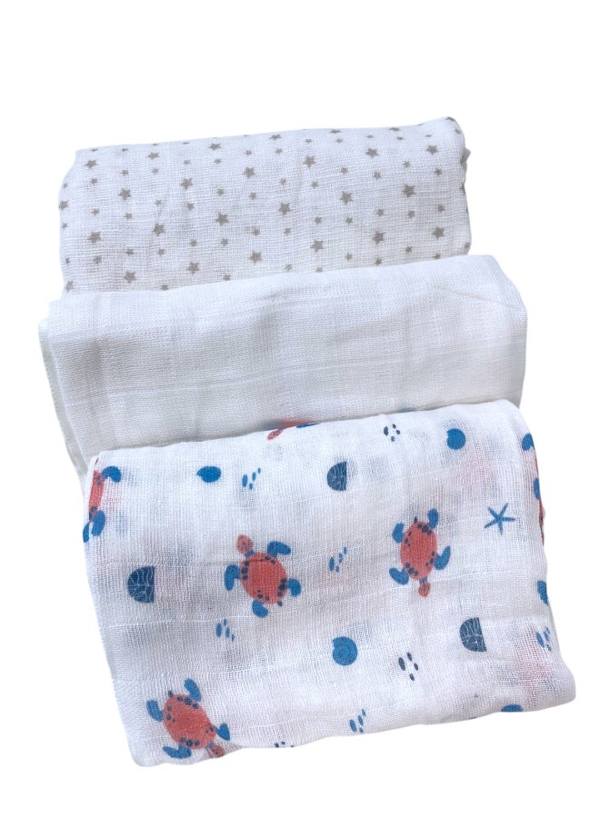 Kinder Valley Muslin Blanket Set - Pack Of 3 - Sea Turtle and Plain and Star - Image 5