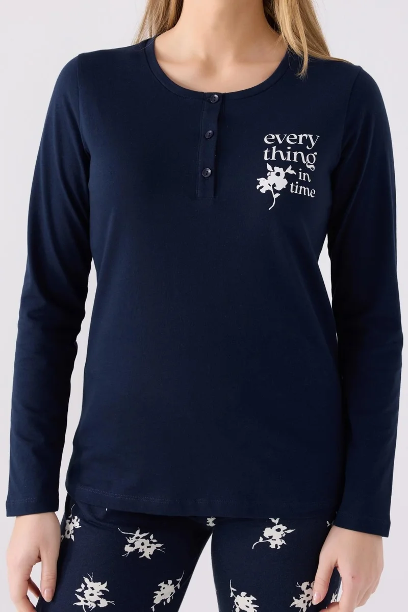 ارنيتا Women's Button-down Navy Blue Cotton Pajama Set, Plus Size Pajamas