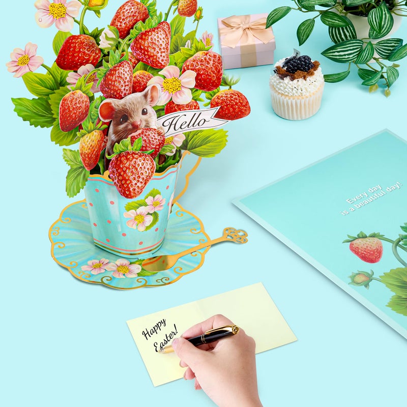 Airpark Pop Up Flower Card, 3D Paper Flowers Bouquet, Birthday, Thank You, Get Well Greeting Cards with Note Card & Envelope, Strawberry - Image 4