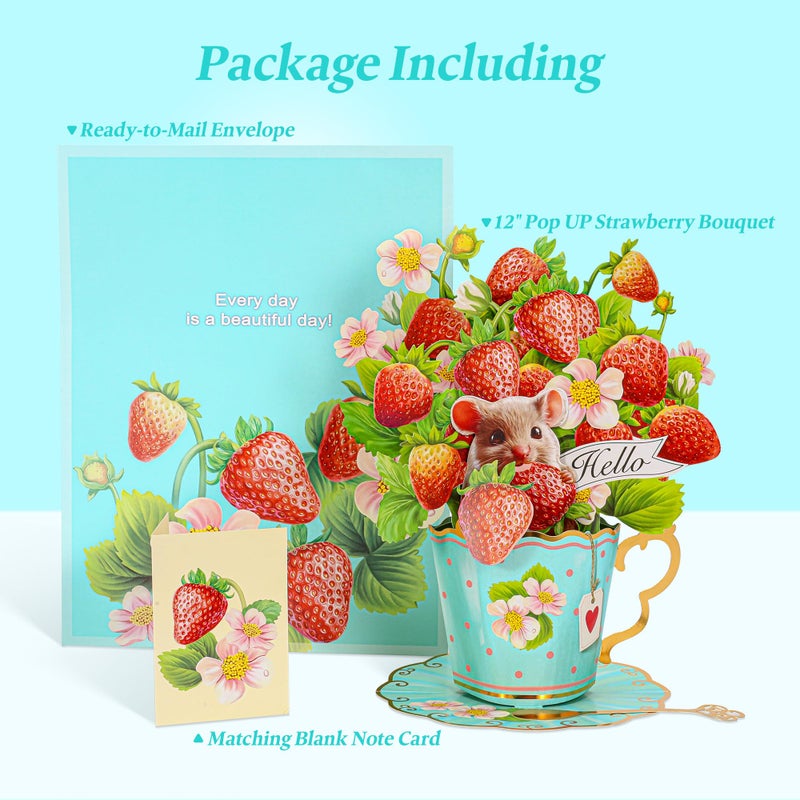 Airpark Pop Up Flower Card, 3D Paper Flowers Bouquet, Birthday, Thank You, Get Well Greeting Cards with Note Card & Envelope, Strawberry - Image 2
