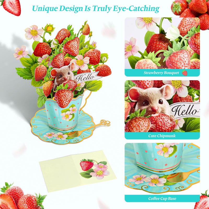 Airpark Pop Up Flower Card, 3D Paper Flowers Bouquet, Birthday, Thank You, Get Well Greeting Cards with Note Card & Envelope, Strawberry - Image 3