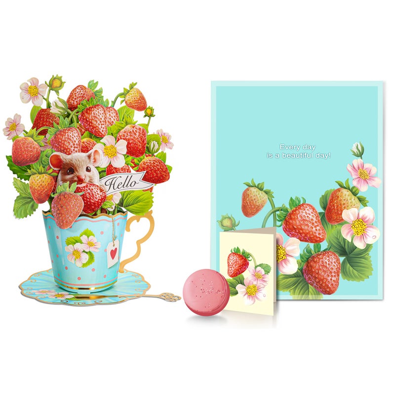 Airpark Pop Up Flower Card, 3D Paper Flowers Bouquet, Birthday, Thank You, Get Well Greeting Cards with Note Card & Envelope, Strawberry - Image 1