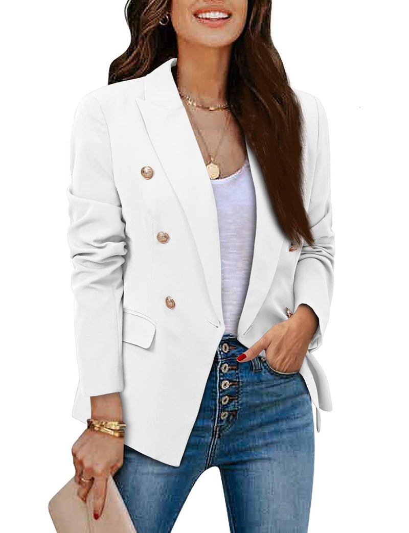 CRAZY GRID Womens Double Breasted Business Casual Blazer - Open Front, Dressy Long Sleeve Suit Jacket - Gold Button, Ladies Work Office Blazer - White, Small - Image 3