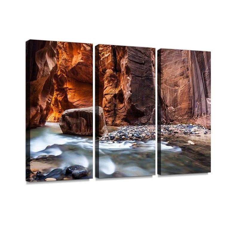HABEN ARTWORK Wall Street in The Narrows Zion National Park Utah Print On Canvas Wall Artwork Modern Photography Home Decor Unique Pattern Stretched and Framed 3 Piece