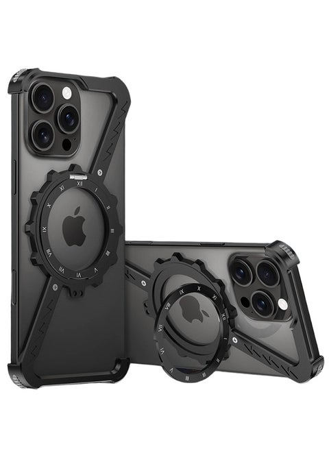 Magnetic for iPhone 16 Pro Max Case Frameless with 360° Rotation Kickstand, Compatible with MagSafe, Z Shape Bumper Case Minimalist Protective Shockproof Shell, Black