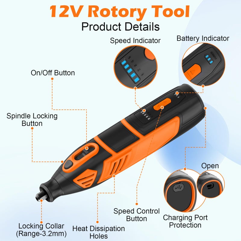 HARDELL 12V Cordless Rotary Tool Kit, 5-Speed (8000-35000 RPM), 2AH Battery Power Rotary Tools 80pc Accessories for Sanding, Polishing, Carving, Cutting, Drilling, DIY Crafting (Black&Orange) - Image 2