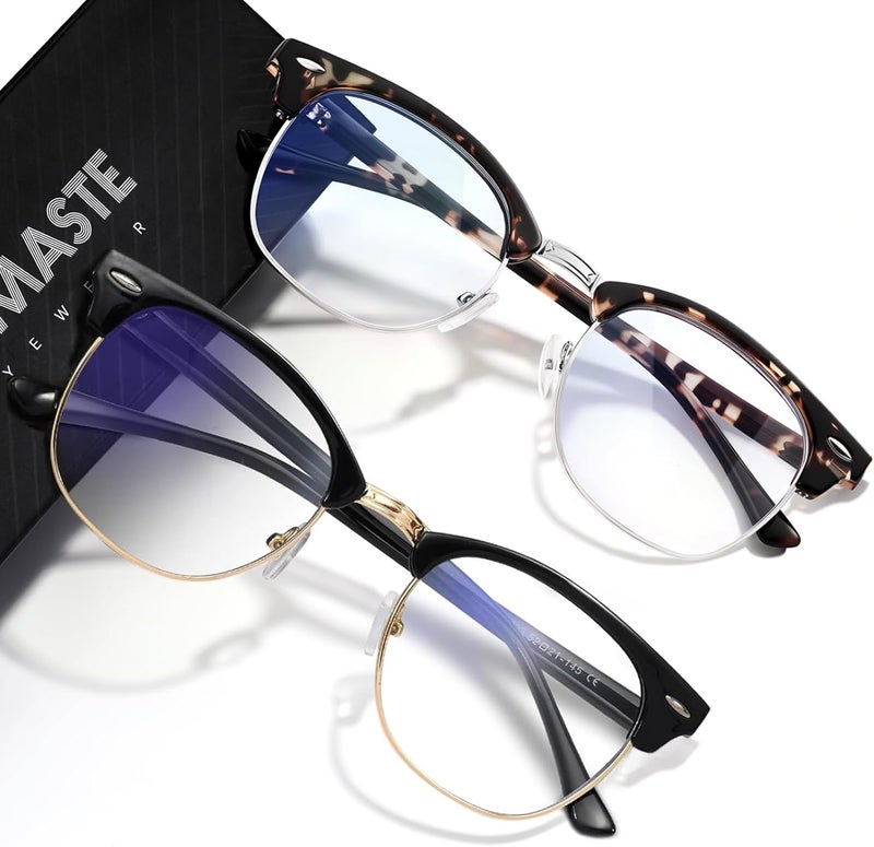AOMASTE Store نظارات حجب الضوء الأزرق بتصميم عتيق إطار نصف دائري عدسة شفافة UV مضادة للإجهاد البصري لنظارات الكمبيوتر والألعاب للنساء والرجال (أسود ذهبي + نمط الفهد فضي) - Image 1