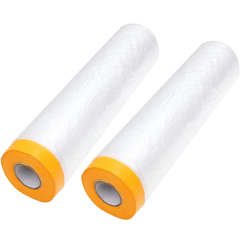 AConnet PreTaped Masking Film 13ft x 130ft Painters Plastic Sheeting Roll Clear Plastic Sheeting Cover Plastics Drop Cloths for Painting Automotive Appliance 2 Rolls 65ft Per Roll