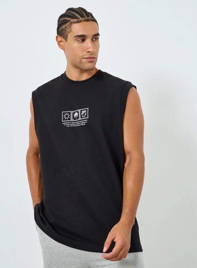 ستايلي تيشيرت رجالي أسود بلا أكمام بطبعة جرافيك