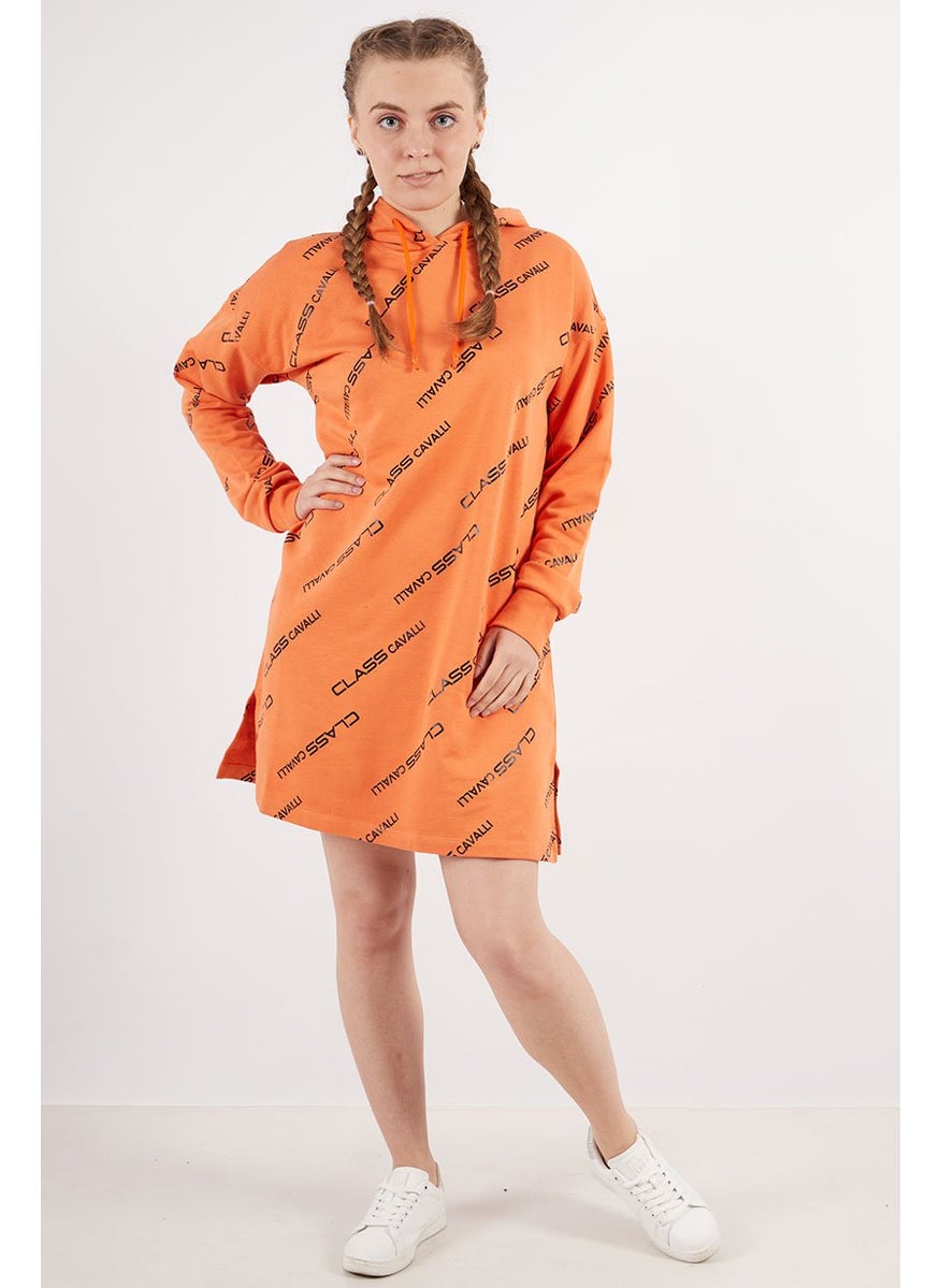 Cavalli Class Women Allover Print Long Sleeve Sweater Dress, Orange  - Image 3