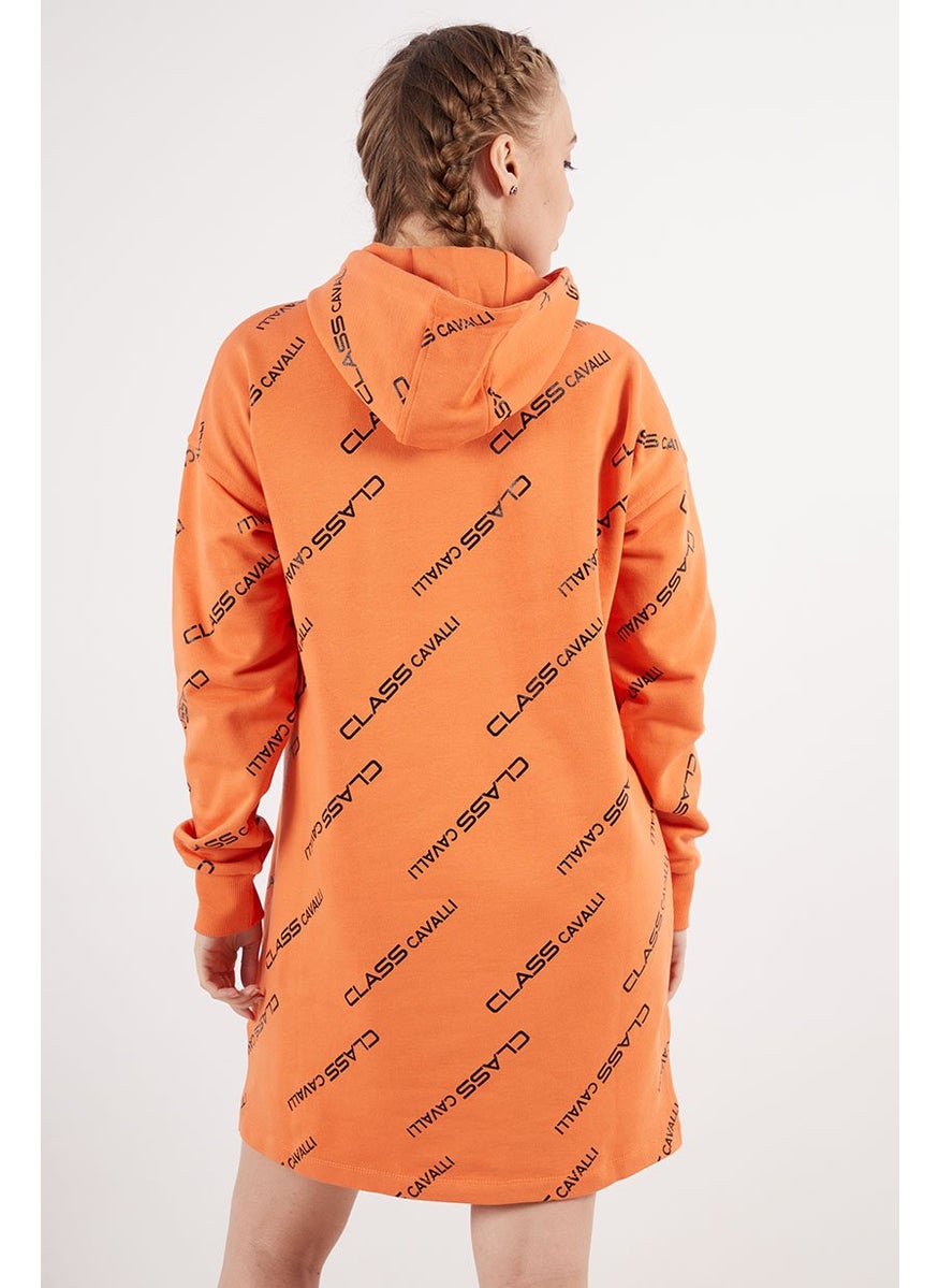 Cavalli Class Women Allover Print Long Sleeve Sweater Dress, Orange  - Image 4