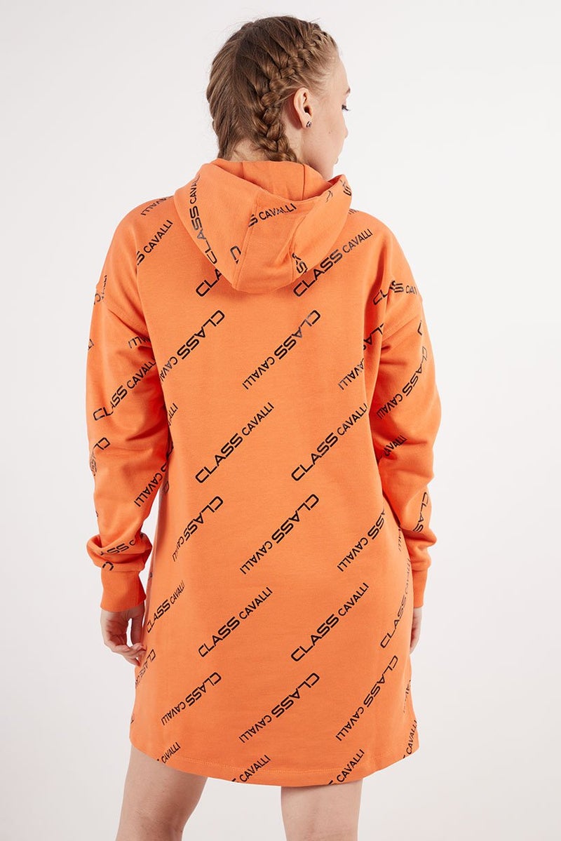 Cavalli Class Women Allover Print Long Sleeve Sweater Dress, Orange - Image 4