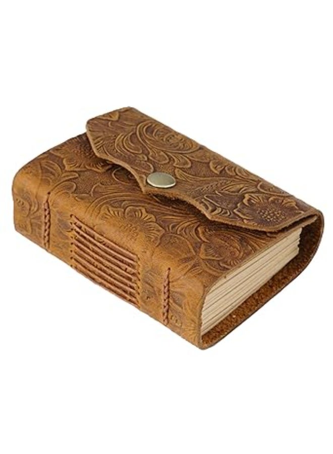 4.3 x 3 Inch Leather Cover Notebook with 320 Kraft Paper Pages – Small Handmade Unlined Leather Sketchbook – Vintage Embossed Travel Journal – Perfect Gift for Women and Men – Brown - Image 1