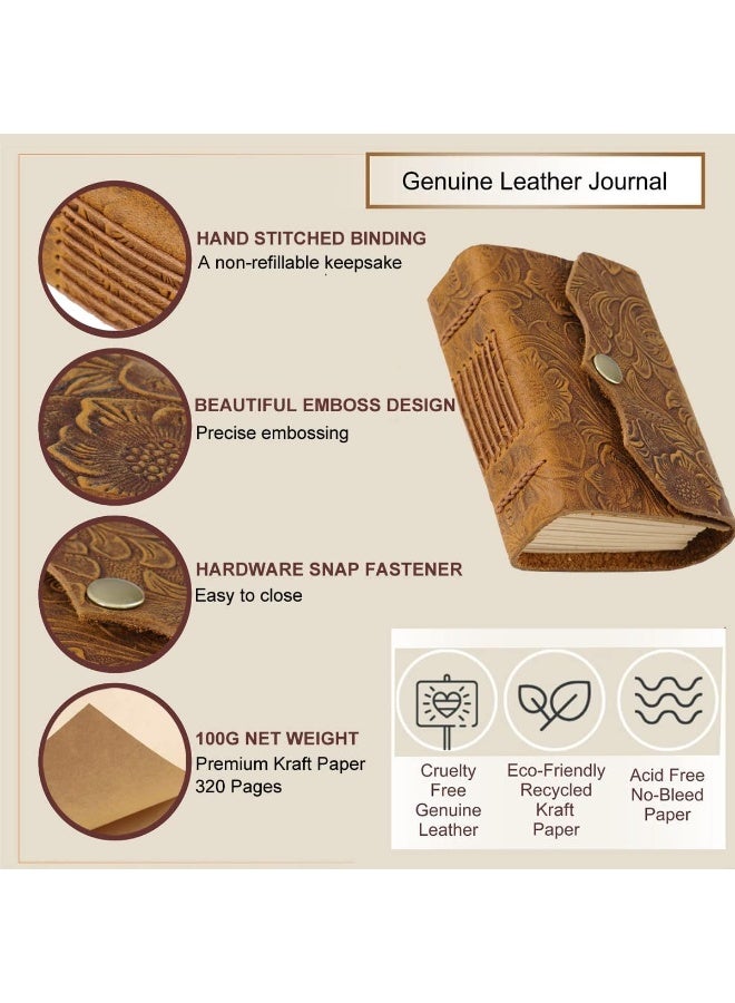 4.3 x 3 Inch Leather Cover Notebook with 320 Kraft Paper Pages – Small Handmade Unlined Leather Sketchbook – Vintage Embossed Travel Journal – Perfect Gift for Women and Men – Brown - Image 5