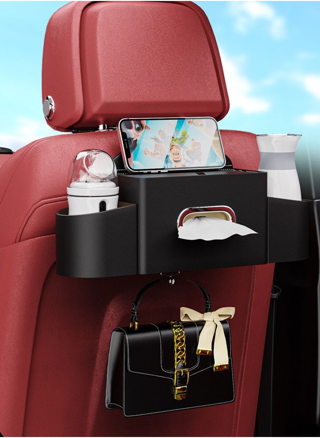Car Organizers A leather car seat back storage bag with foldable table support, and a multi-pocket hanging storage bag for car seat backs