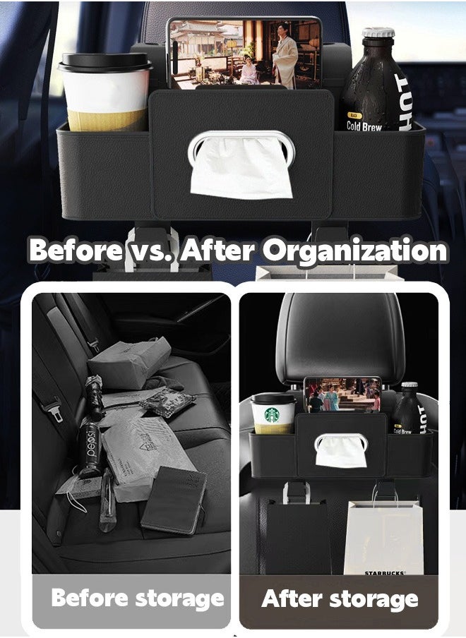 Car Organizers A leather car seat back storage bag with foldable table support, and a multi-pocket hanging storage bag for car seat backs