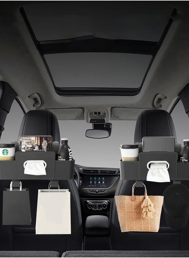Car Organizers A leather car seat back storage bag with foldable table support, and a multi-pocket hanging storage bag for car seat backs