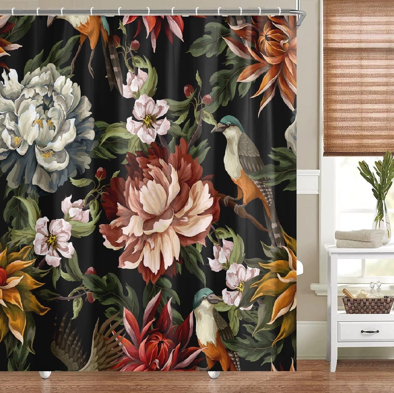 Bivinar Extra Long Vintage Poonies Roses and Birds Shower Stain 72 × 84 بوصة مقاومة للماء الستار الدش الحمام مع 12 خطاف - Image 1