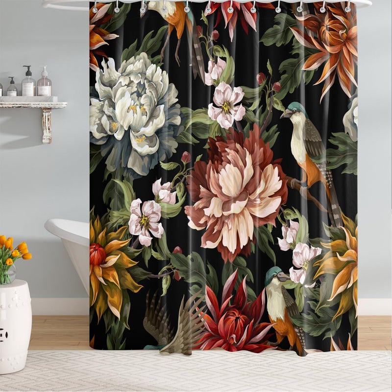 Bivinar Extra Long Vintage Poonies Roses and Birds Shower Stain 72 × 84 بوصة مقاومة للماء الستار الدش الحمام مع 12 خطاف - Image 2