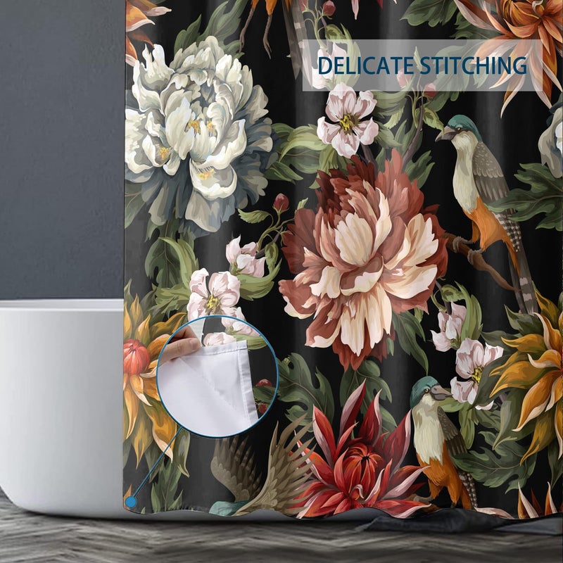 Bivinar Extra Long Vintage Poonies Roses and Birds Shower Stain 72 × 84 بوصة مقاومة للماء الستار الدش الحمام مع 12 خطاف - Image 3