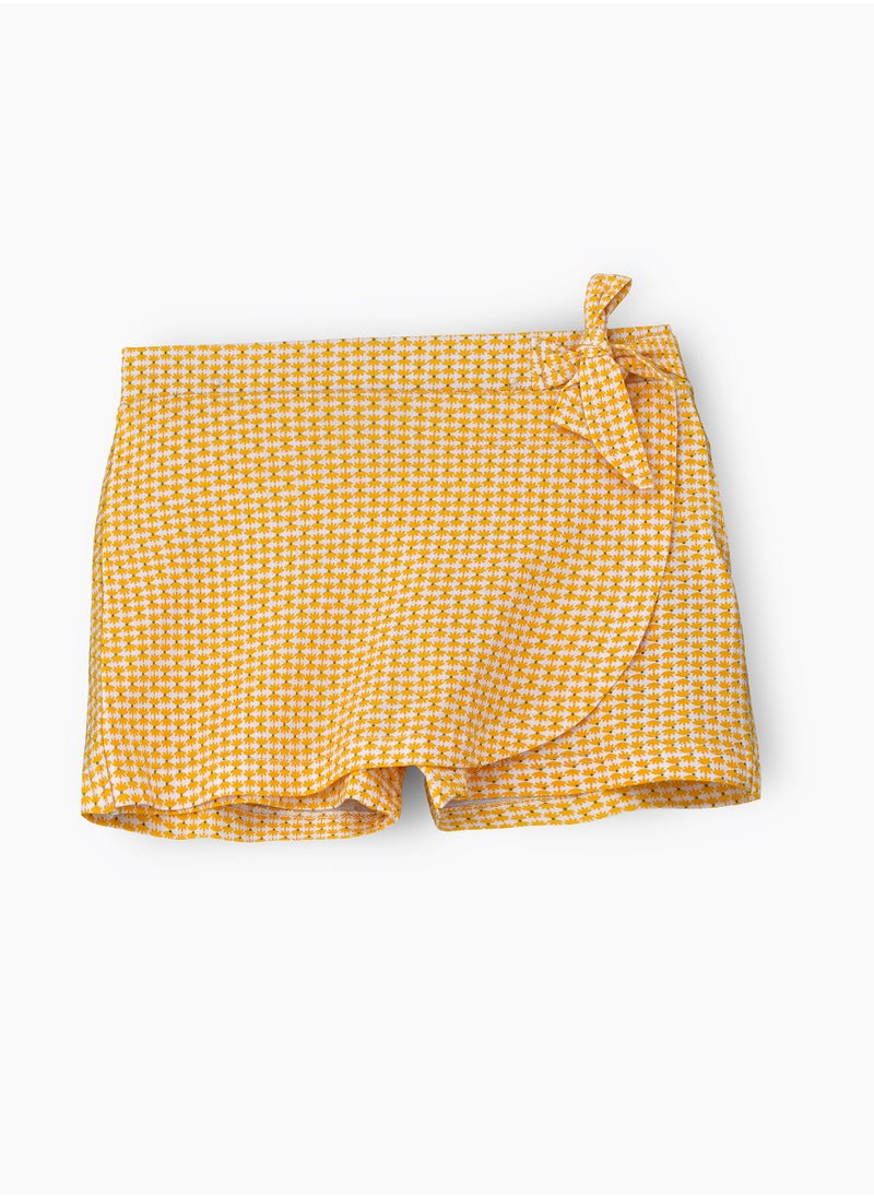 Jelliene Girls' Cotton Knit Wrap Skort with Bow Tie – Yellow & White  - Image 1