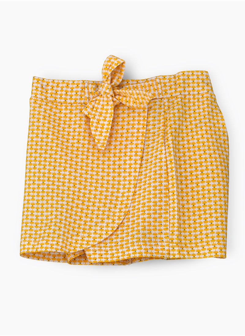 Jelliene Girls' Cotton Knit Wrap Skort with Bow Tie – Yellow & White  - Image 3