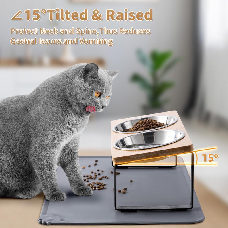 Summark Upgraded Elevated Cat Bowls with Food Mat,15Â°Tilted Stand Anti Vomiting Raised Cat Dishes for Food and Water,2 Stainless Steel Bowls for Cats and Puppy - Image 4