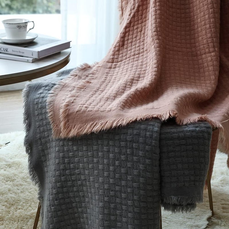 CREVENT Farmhouse Rust Knit Throw Blanket Textured Cover for Couch Sofa Chair Bed Home Decoration, Soft Warm Cozy Light Weight for Spring Summer Fall (127cmX152cm Coral Pink) - Image 3