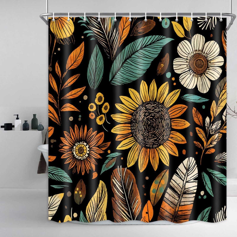 Drgilau Boho Floral Shower Curtain Vintage Floral Shower Curtain for Bathroom  Farmhouse Flowers Bathroom Curtains Waterproof Rustic Sunflower Bathroom Set Decor with 12 Hooks  Black-7 72X72 Inch - Image 3